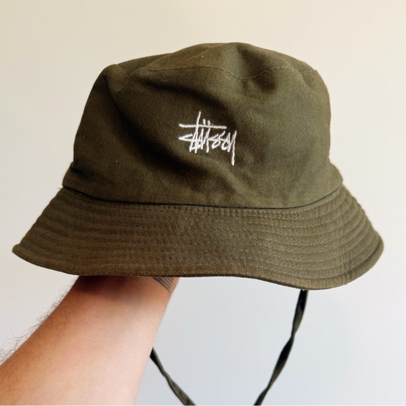 Stussy Khaki Green Bucket Hat with Strap - Picture 1 of 2